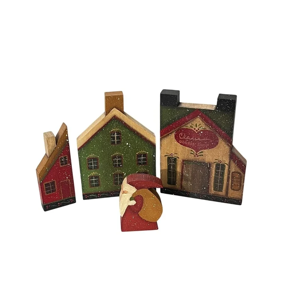 Vintage Artisan Wooden Christmas Village Set  Multicolor Rustic Folk Art Decor